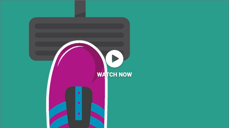 Thumbnail for the MOA video with the image of a foot pressing on a car’s brake pedal to represent the gas/brake MOA analogy and how NOURIANZ works to treat “off” time.
